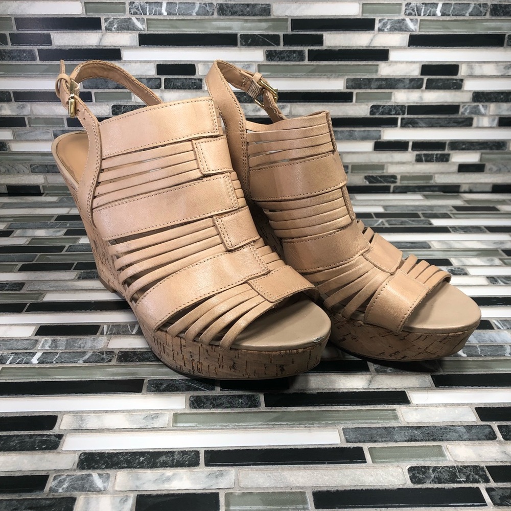 FRANCO SARTO Tan Leather SHARP CORK WEDGES